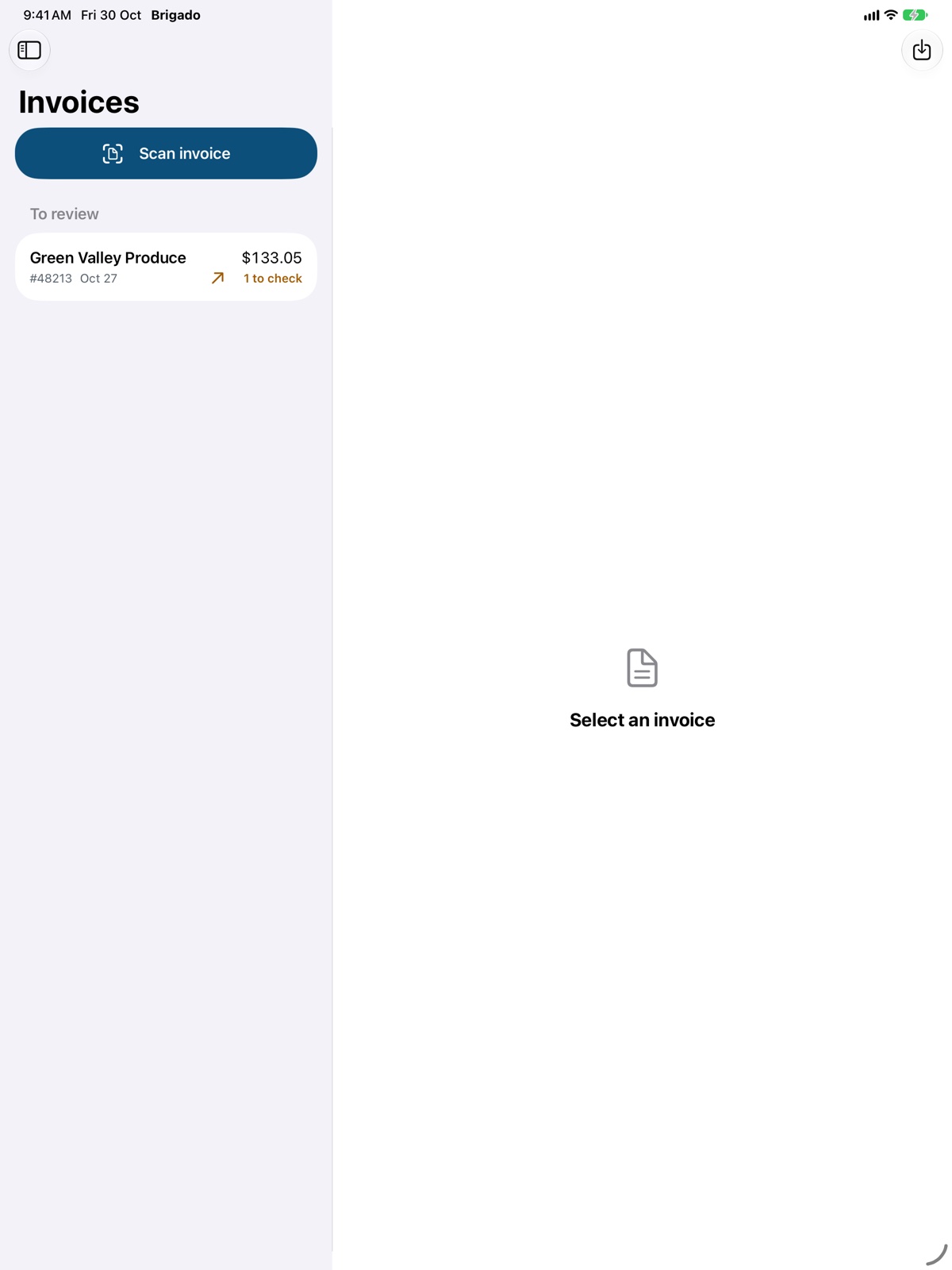 Invoices on iPad: one from Green Valley Produce for $133.05 waiting, with one line to check.
