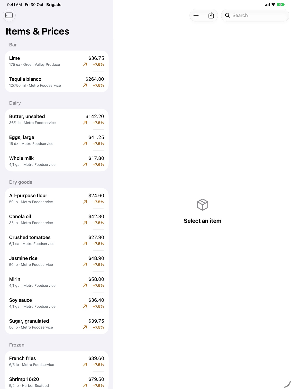 Items and prices on iPad, each with its pack and supplier price.
