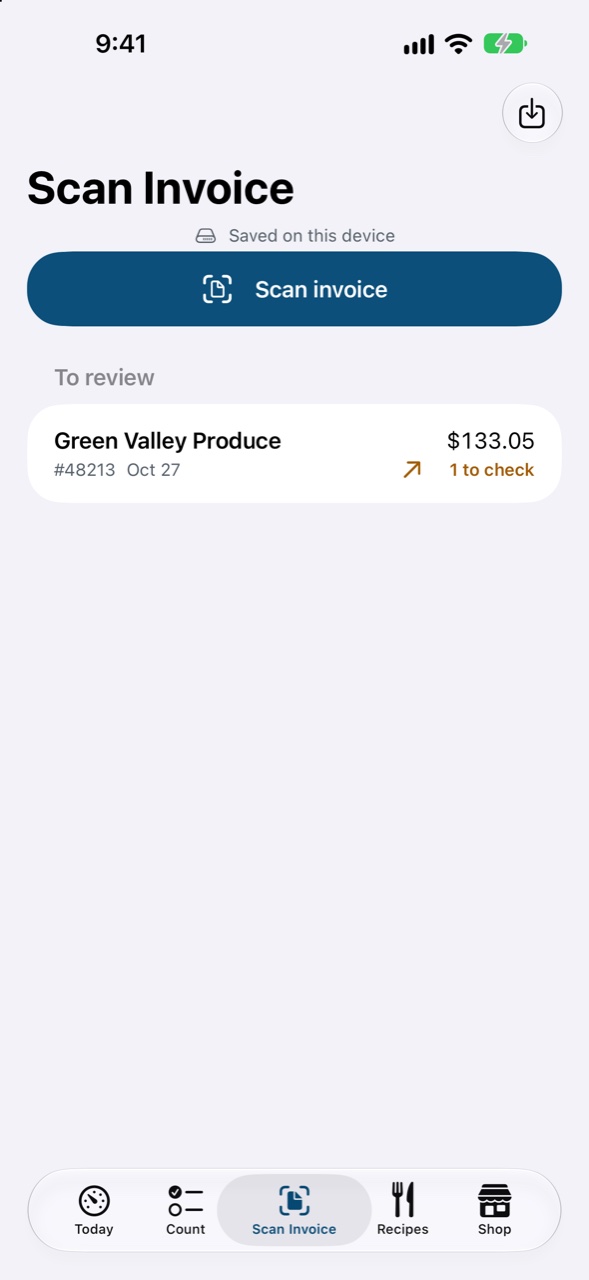 The Scan Invoice tab on iPhone.