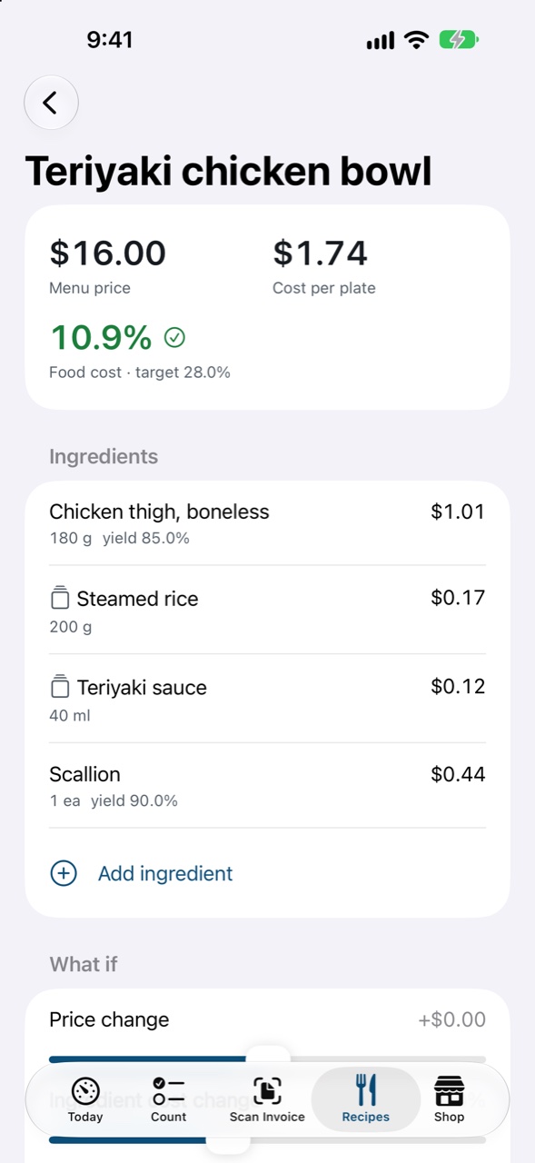 A recipe on iPhone with each ingredient's cost and the dish's food cost against a 28% target.